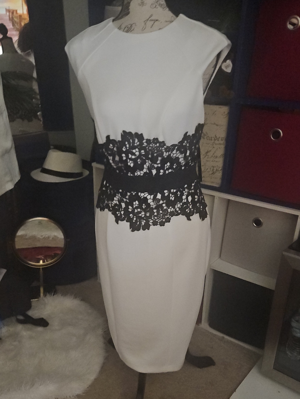 New York & Company White Midi Dress with Black Lace Waist